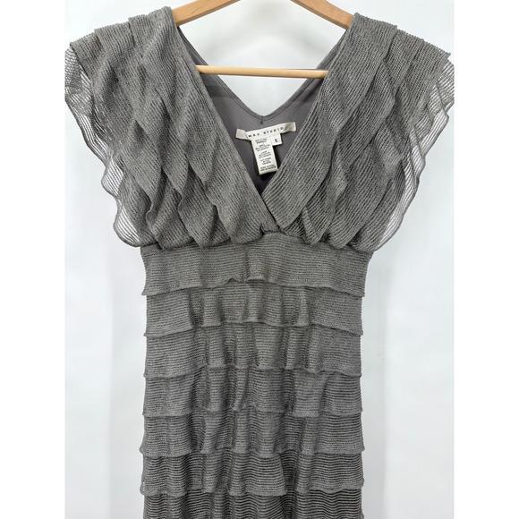 Max Studio Dresses & Skirts - Max Studio Silver Metallic Mesh‎ Tiered Ruffle V-Neck Dress Small Fairy
